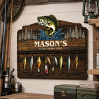 Mason's Lure Collection sign with a bass and one row of lures in a tackle room