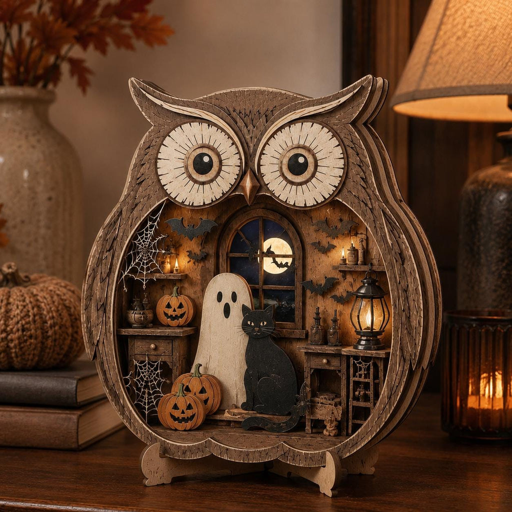 Layered wooden owl decor with a ghost and black cat by a moonlit window