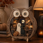 Layered wooden owl decor with a ghost and black cat by a moonlit window