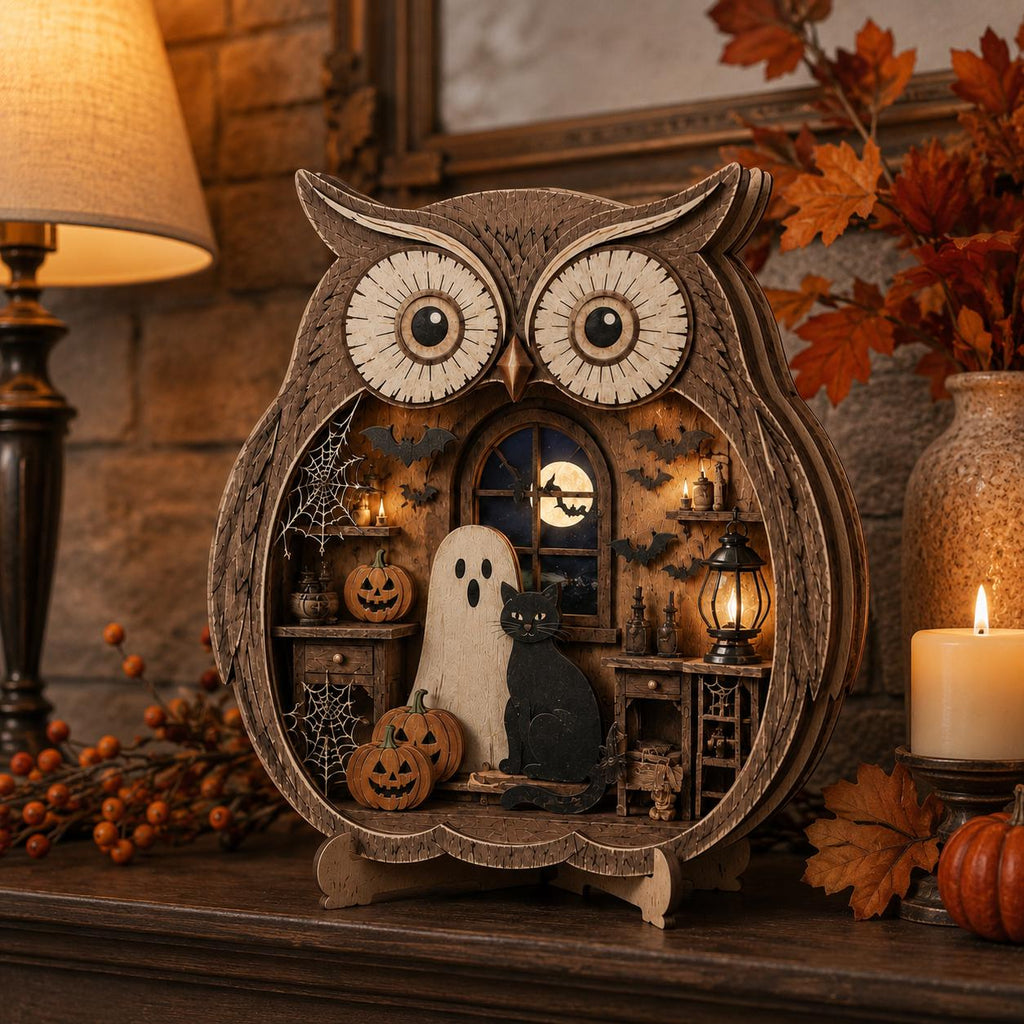 Midnight owl Halloween wood decor with lanterns, pumpkins and bats