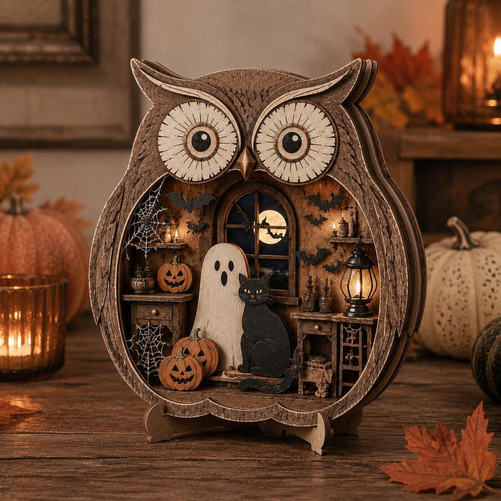 Owl shelf sitter with ghost and black cat scene on a table with candles