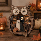 Owl shelf sitter with ghost and black cat scene on a table with candles