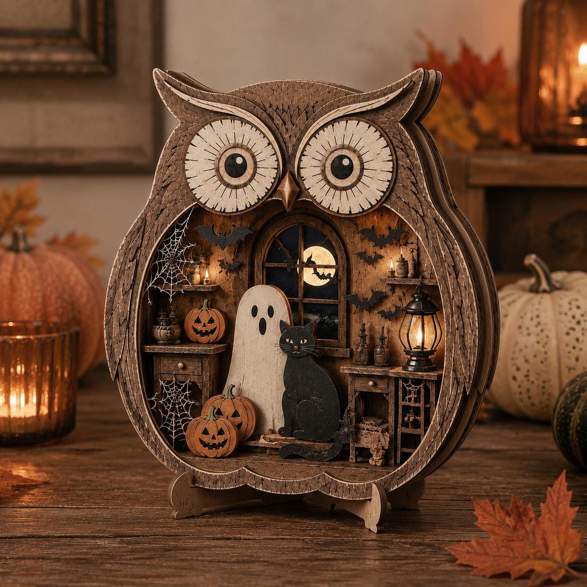 Owl shelf sitter with ghost and black cat scene on a table with candles