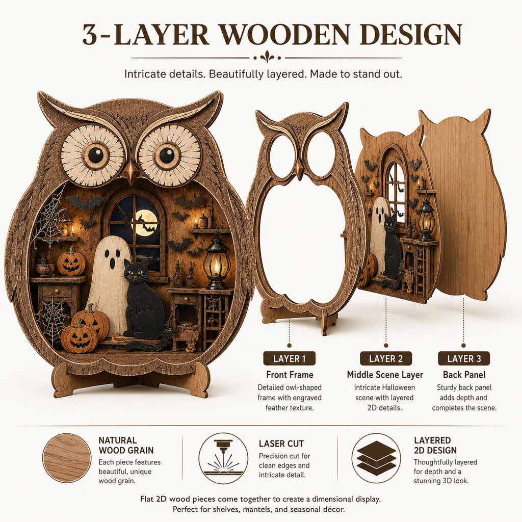 Graphic showing the front frame, scene layer and back panel of the midnight owl decor