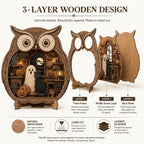 Graphic showing the front frame, scene layer and back panel of the midnight owl decor