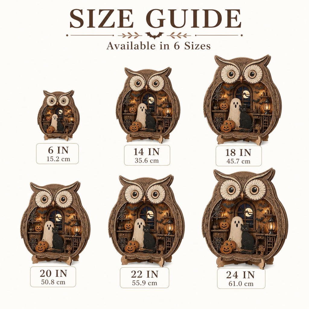 Size guide for the midnight owl Halloween wood decor in six sizes