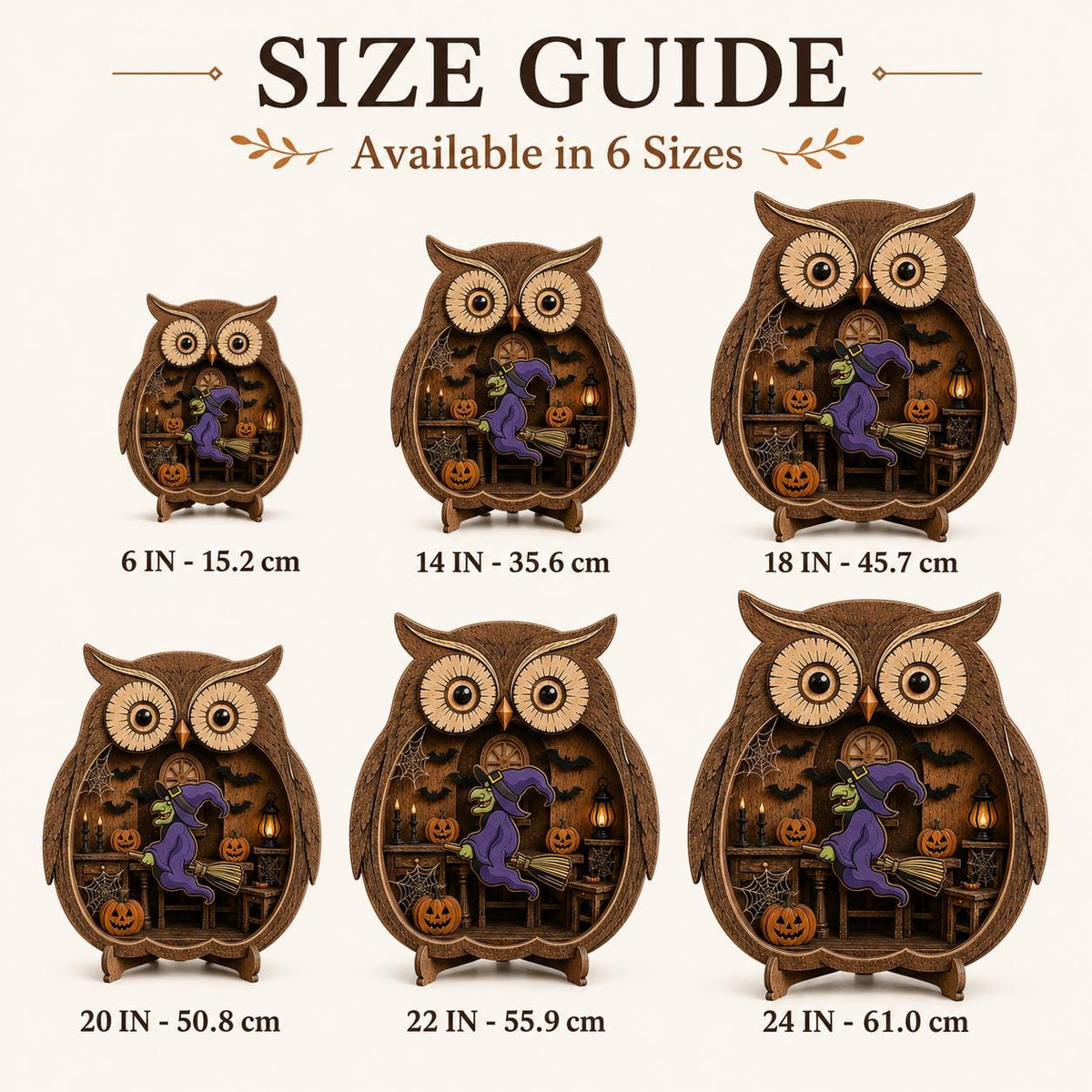 Size guide for the midnight witch owl shelf sitter in six sizes