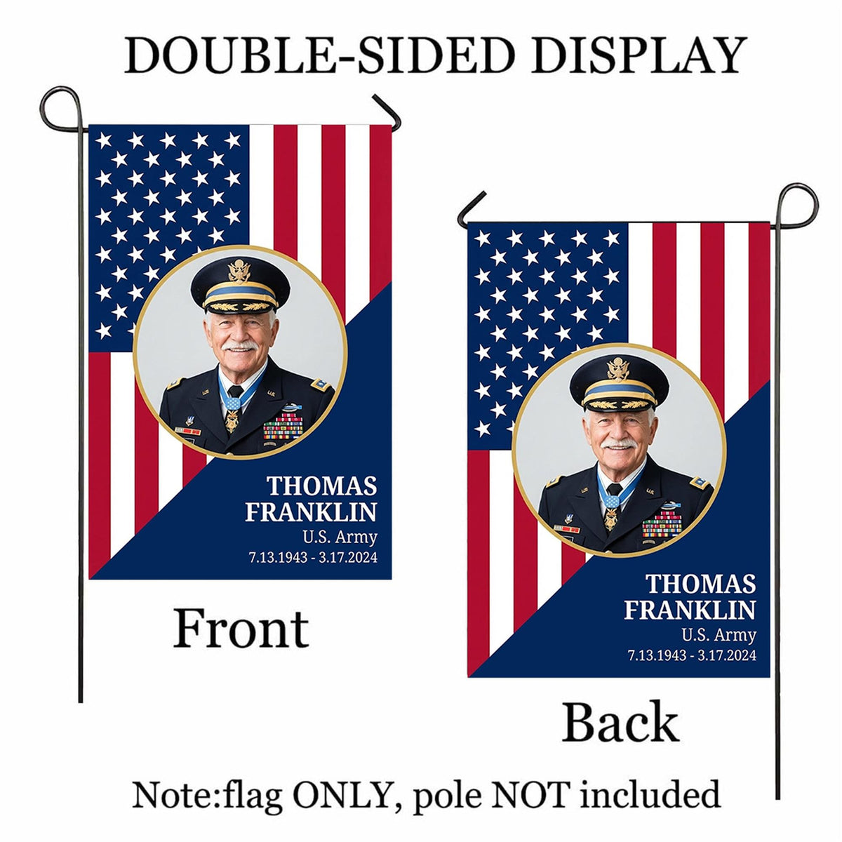 American flag military veteran memorial photo garden flag with name and dates shown front and back to display the double-sided print, flag only