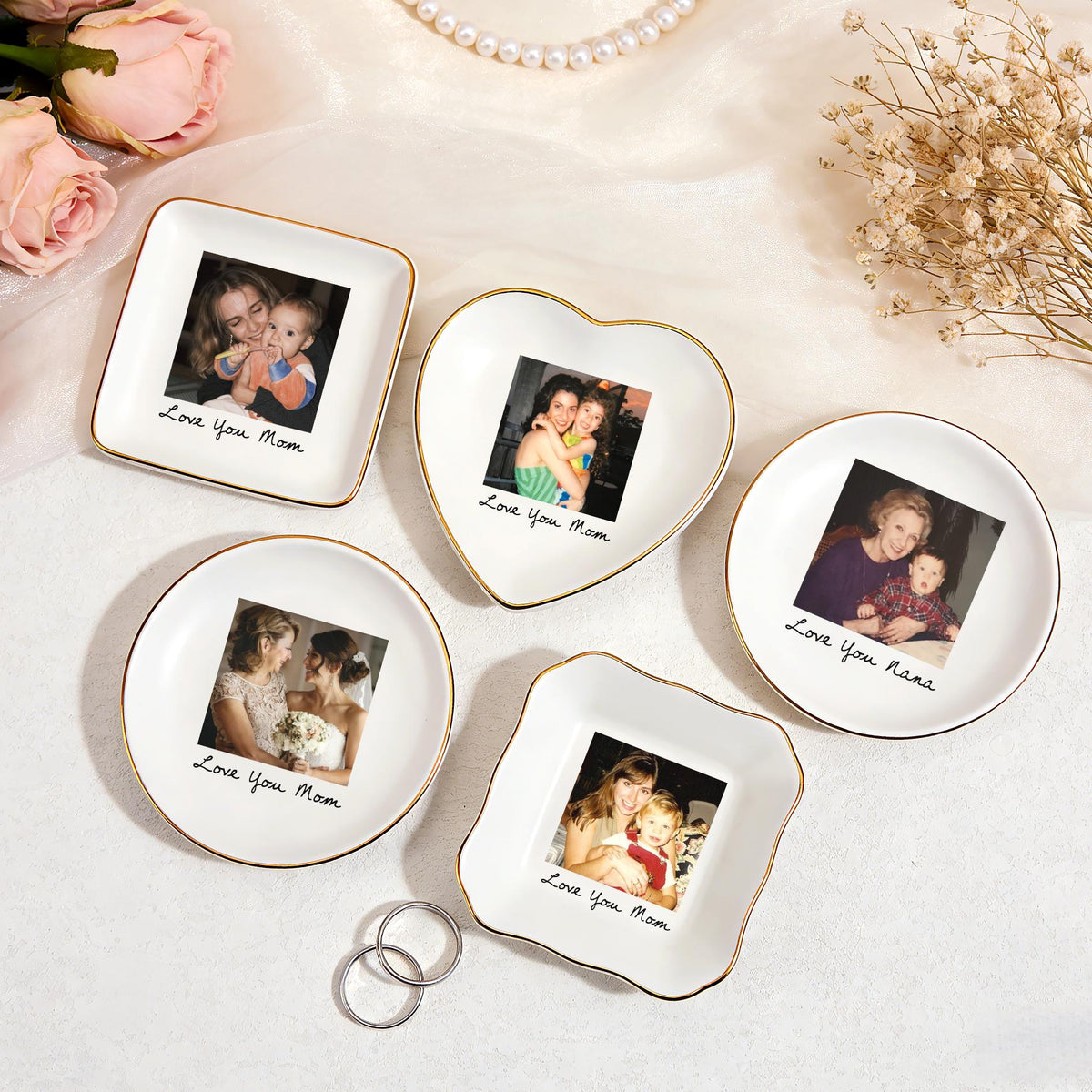 Five personalized mom photo jewelry dishes in square, lace square, heart and round shapes with Love You Mom and Love You Nana