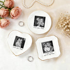 Round, heart and lace square ring dishes with black and white mom photos and handwritten Love You Mom text