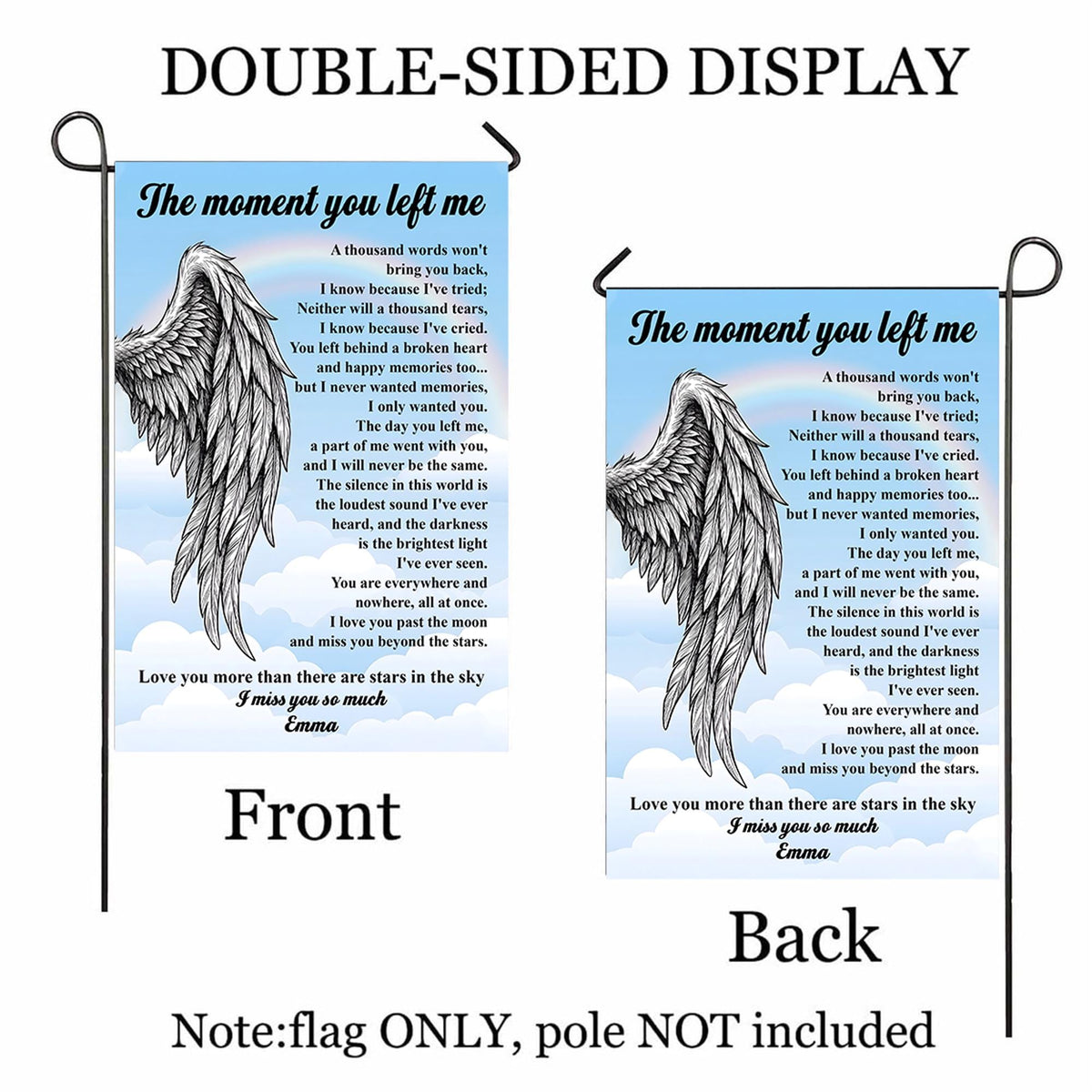 The Moment You Left Me angel wing poem memorial garden flag shown front and back to display the double-sided print, flag only
