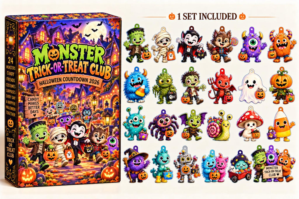 Monster Trick-or-Treat Club Halloween countdown box beside the full set of colorful monster acrylic pieces