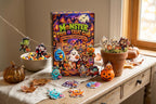 Monster pieces on a twine garland and laid on a wooden table beside the box, a candy bowl and a potted plant