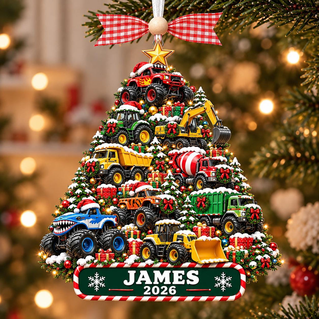 Monster truck Christmas tree ornament with James 2026 on a tree