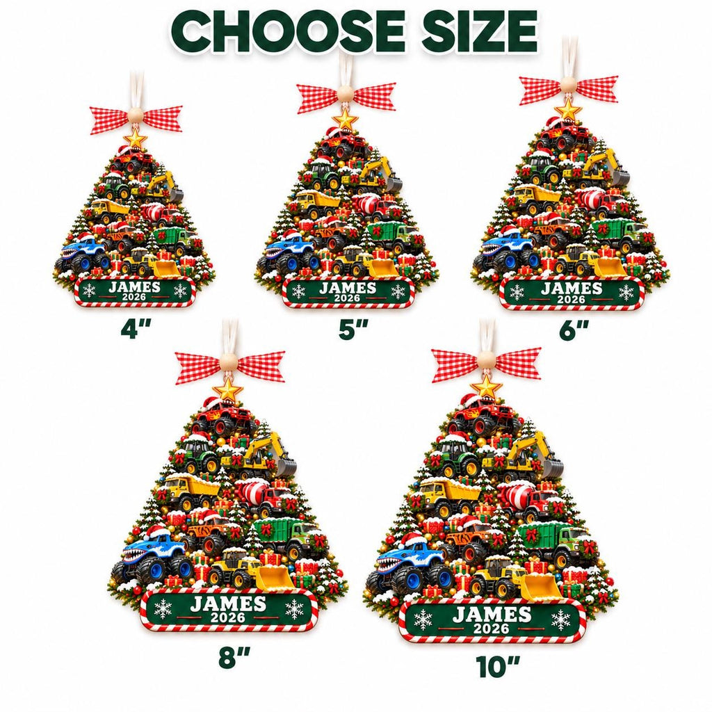 Size chart showing the monster truck tree ornament from 4 to 10 inches