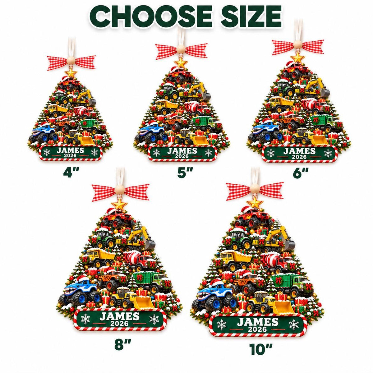 Size chart showing the monster truck tree ornament from 4 to 10 inches