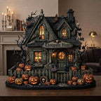 Weathered green haunted house with a skeleton in the ivy, on a table before a mantel with silver candlesticks