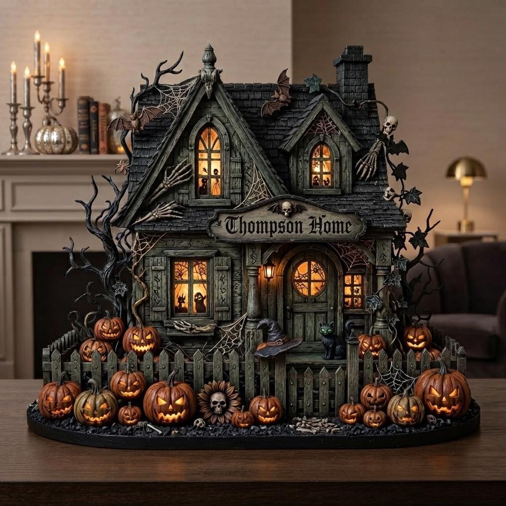 Weathered green haunted house with a skeleton in the ivy, on a table before a mantel with silver candlesticks