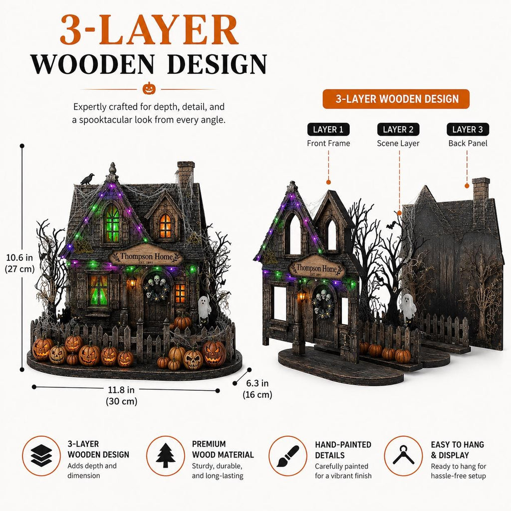 Infographic of a sample layered wooden Halloween house broken into a front frame, a scene layer and a back panel