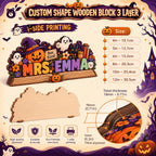 Infographic showing a sample custom-shape wooden name block with a size list and a close-up of the plywood edge