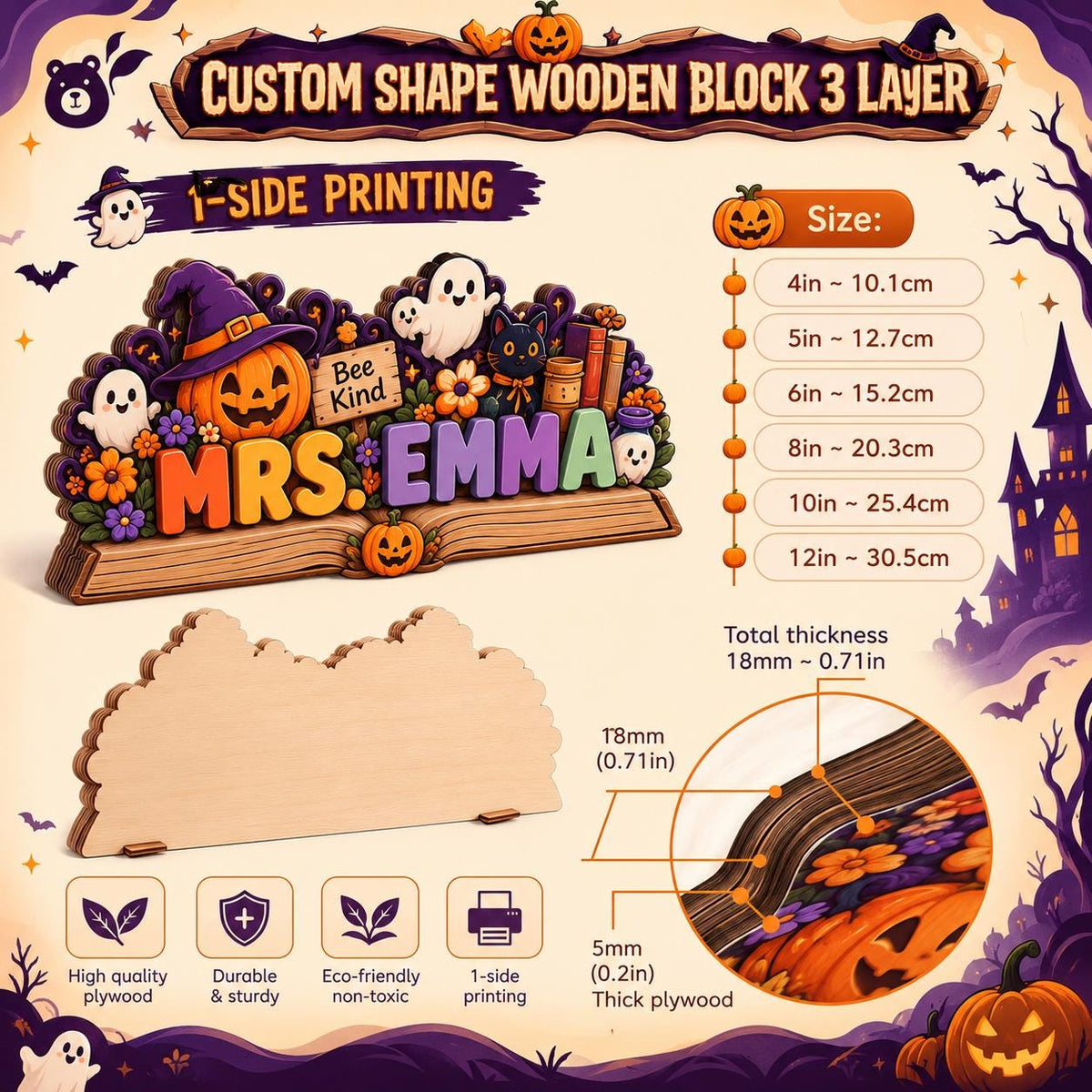 Infographic showing a sample custom-shape wooden name block with a size list and a close-up of the plywood edge