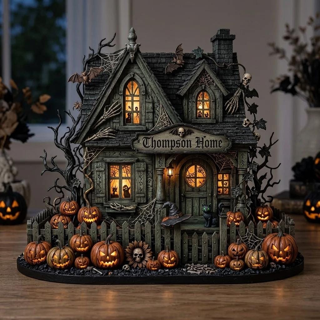 Moss-green haunted house with bats, cobwebs and a Thompson Home sign on a wooden table in front of a dim window