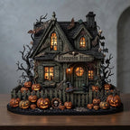Front view of the mossy haunted house with printed glowing windows, a witch hat on the gate and a black cat on the porch