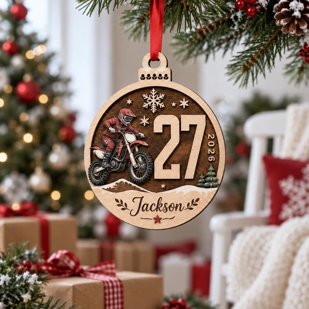 Motocross rider race number wooden ornament with name and 2026 on a Christmas tree