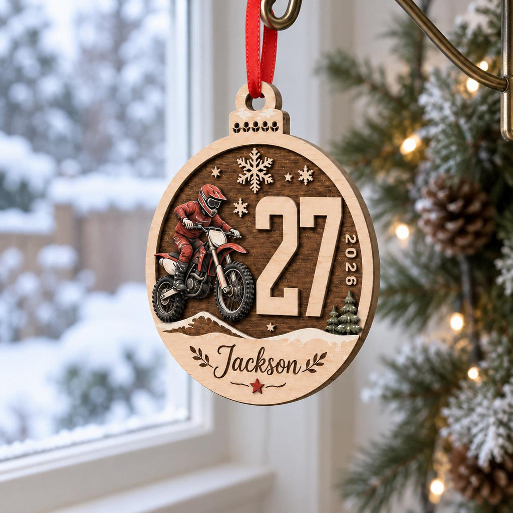 Personalized round motocross wooden ornament with dirt bike rider, race number 27 and name