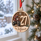 Personalized round motocross wooden ornament with dirt bike rider, race number 27 and name