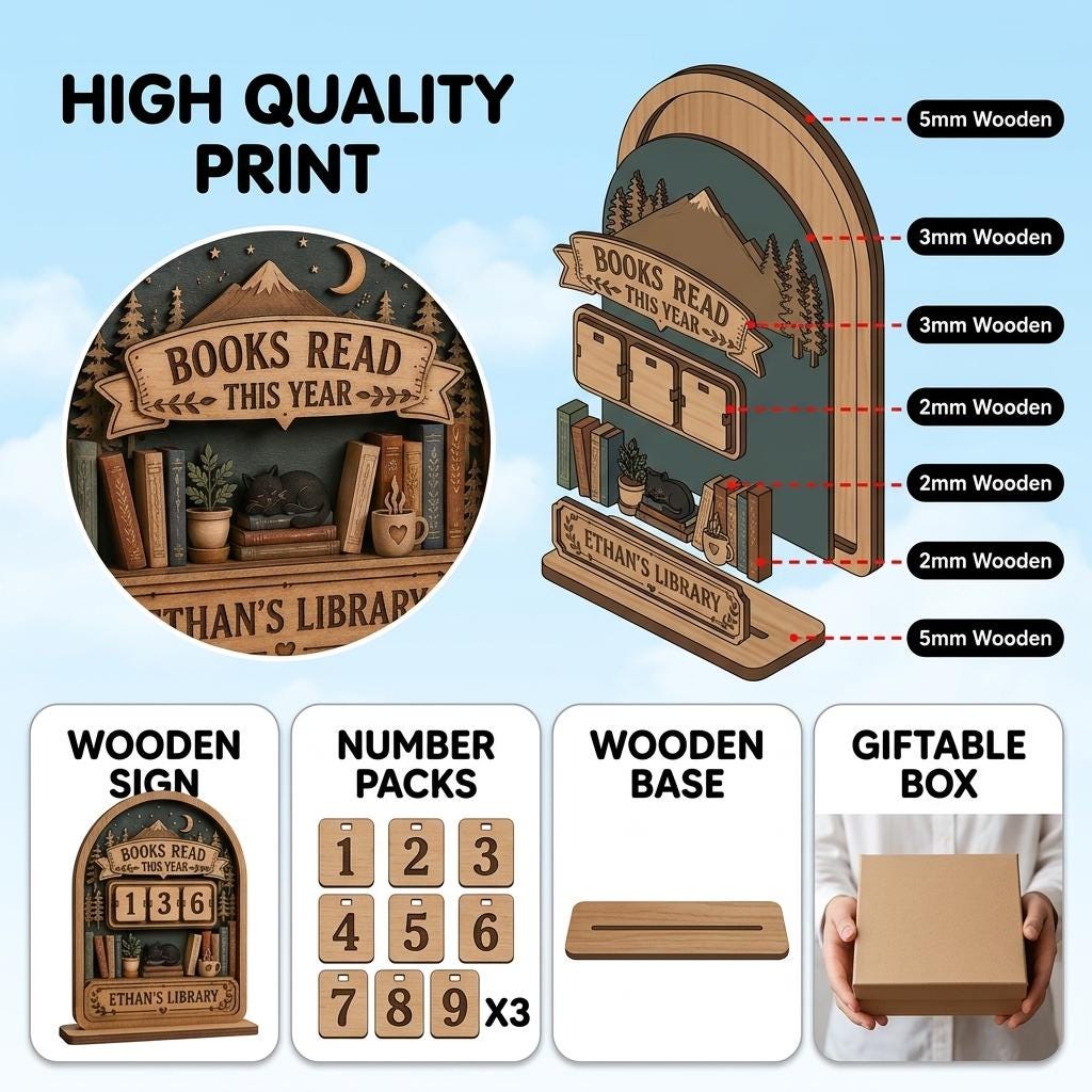 Layer view of the mountain forest book tracker with Ethan's Library plate, number cards, wooden base and gift box