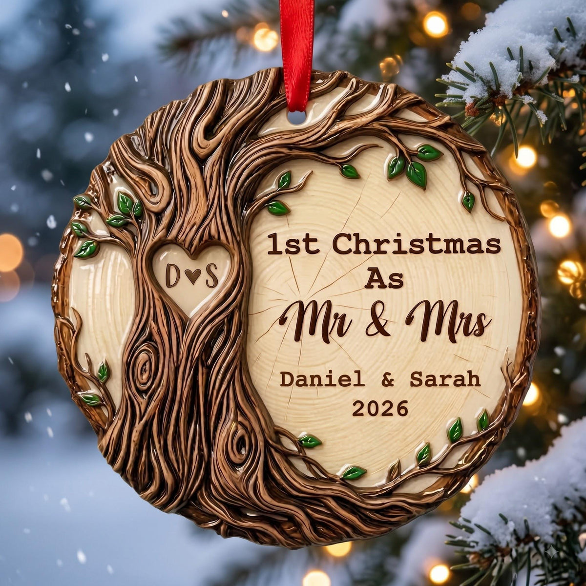 First Christmas married carved tree ornament hanging outside in the snow