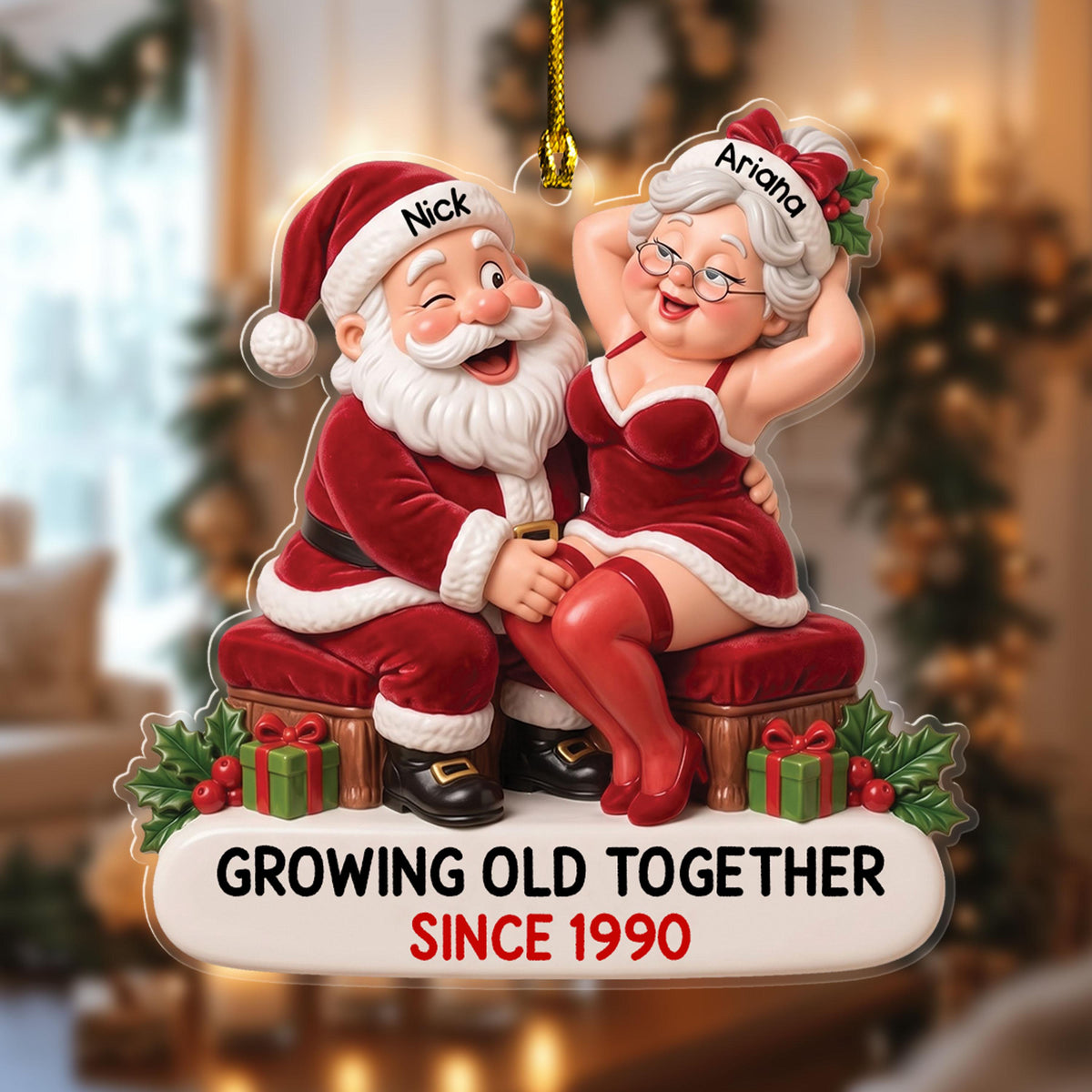 Funny Santa couple ornament Design 2 with Mrs Claus on Santa's lap
