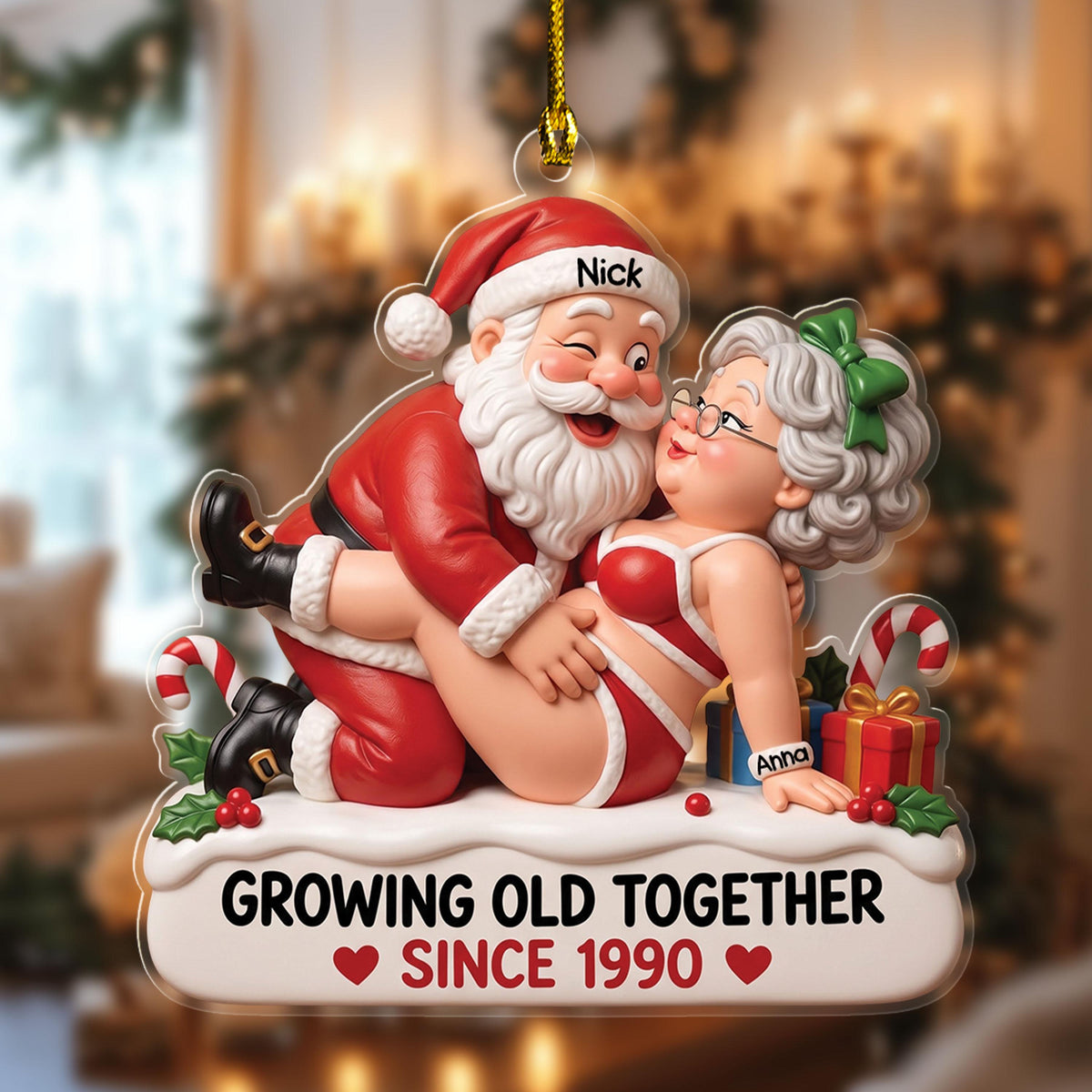 Funny Mr and Mrs Claus ornament Design 3 with names Nick and Anna