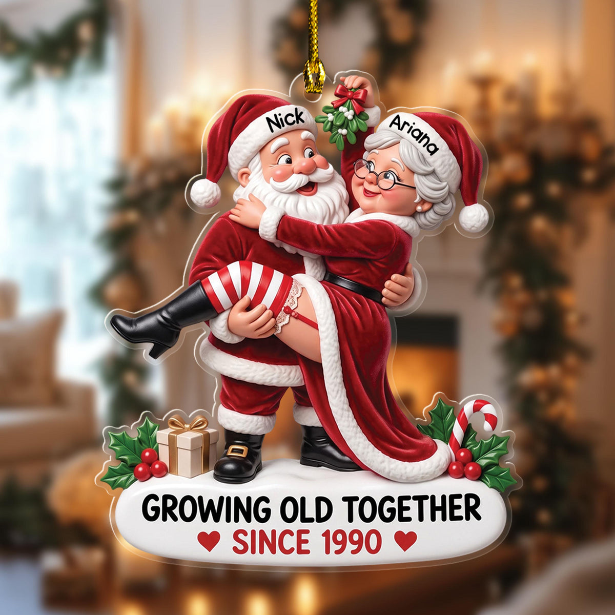 Santa lifting Mrs Claus under the mistletoe, couple ornament Design 6
