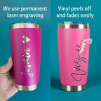 Laser engraved name tumbler compared with peeling vinyl