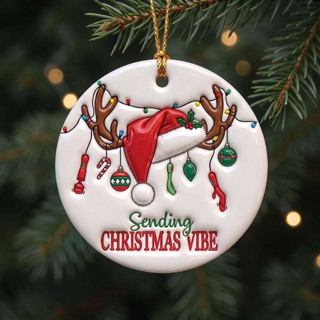 Naughty adult humor Christmas ornament on a dark green tree