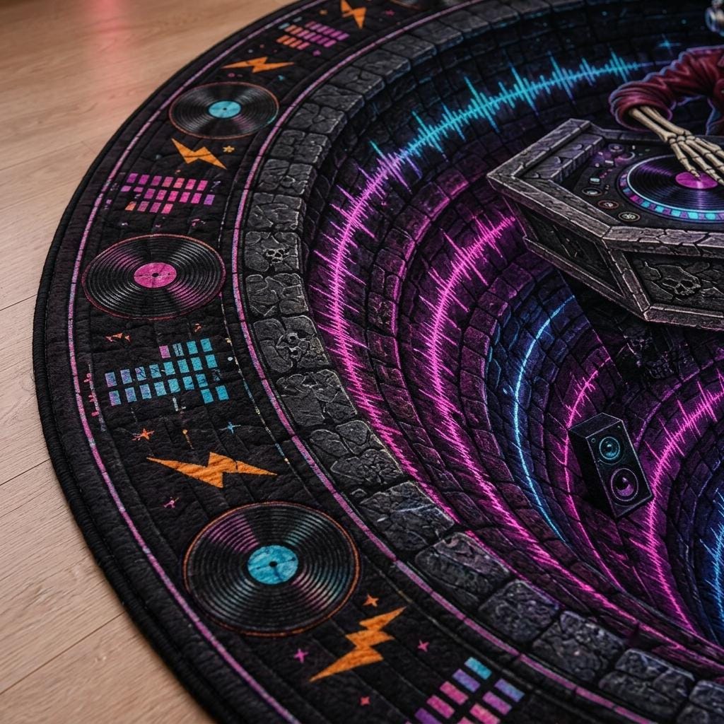 Close-up of neon pink and blue sound waves, vinyl records and lightning bolts on the skeleton DJ quilted rug