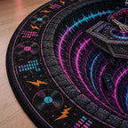 Close-up of neon pink and blue sound waves, vinyl records and lightning bolts on the skeleton DJ quilted rug