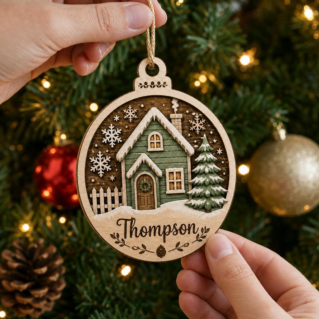 New home green house wooden ornament with family name hanging in front of tree