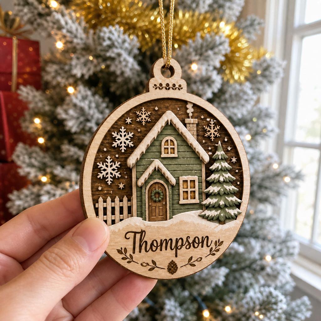 Hand holding personalized new home green house wooden ornament with family name