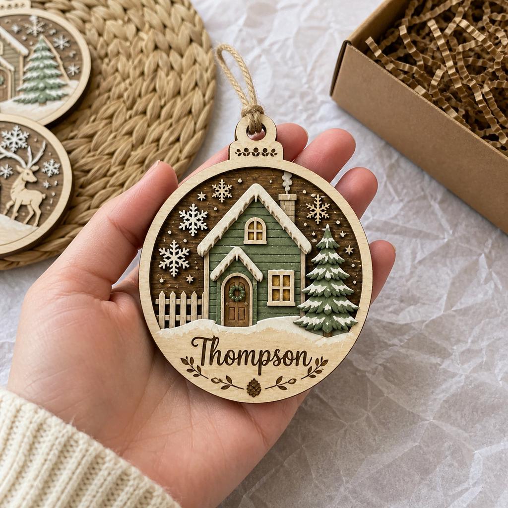 New home green house wooden ornament with custom family name held by gift box