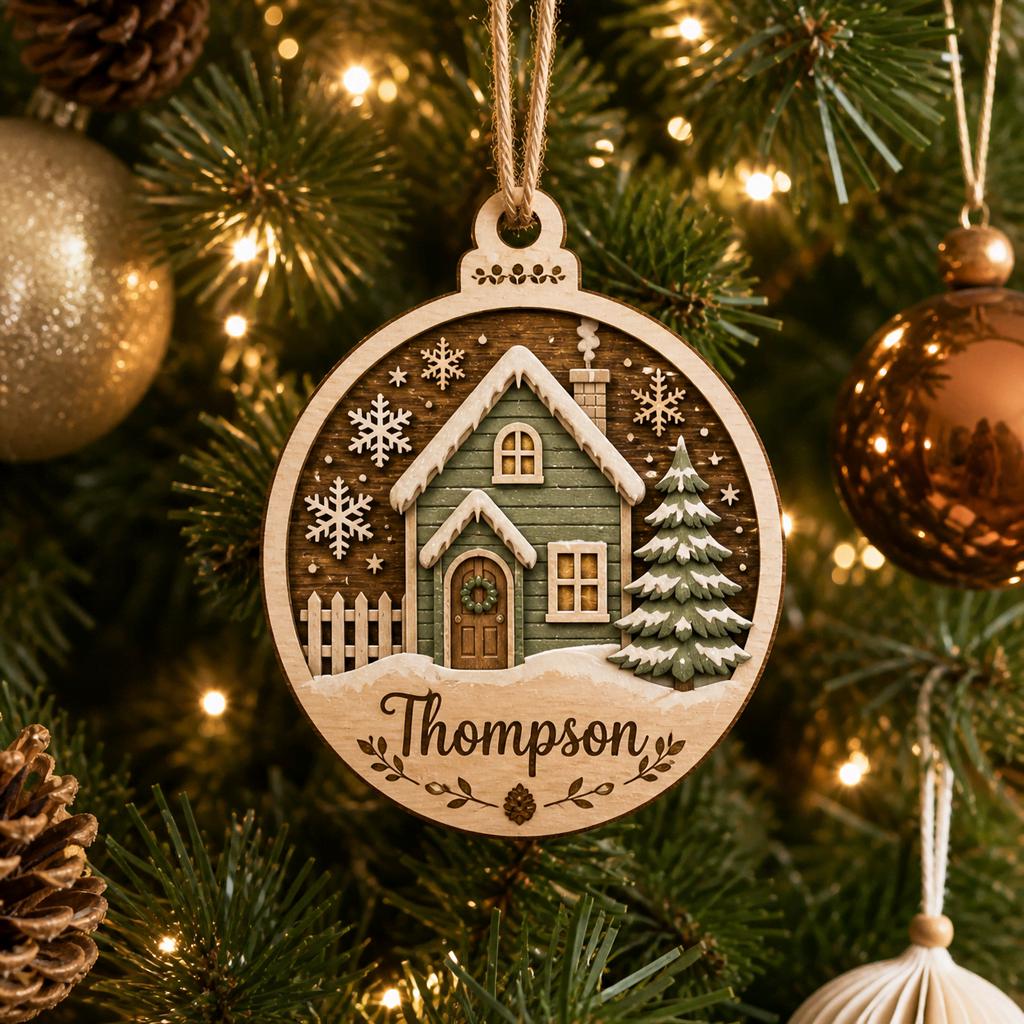Personalized new home family name ornament hanging on a decorated Christmas tree