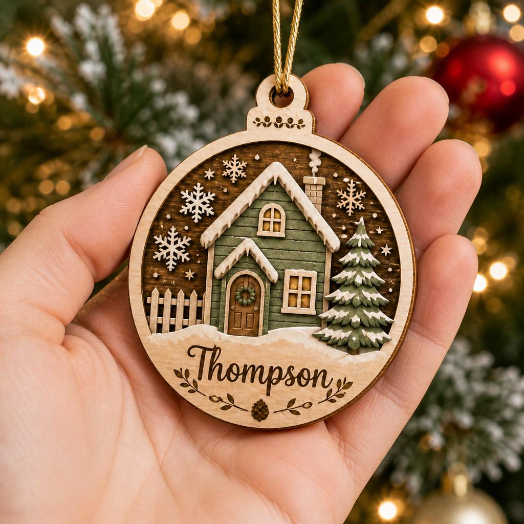 Personalized green house family name ornament resting in palm by Christmas tree