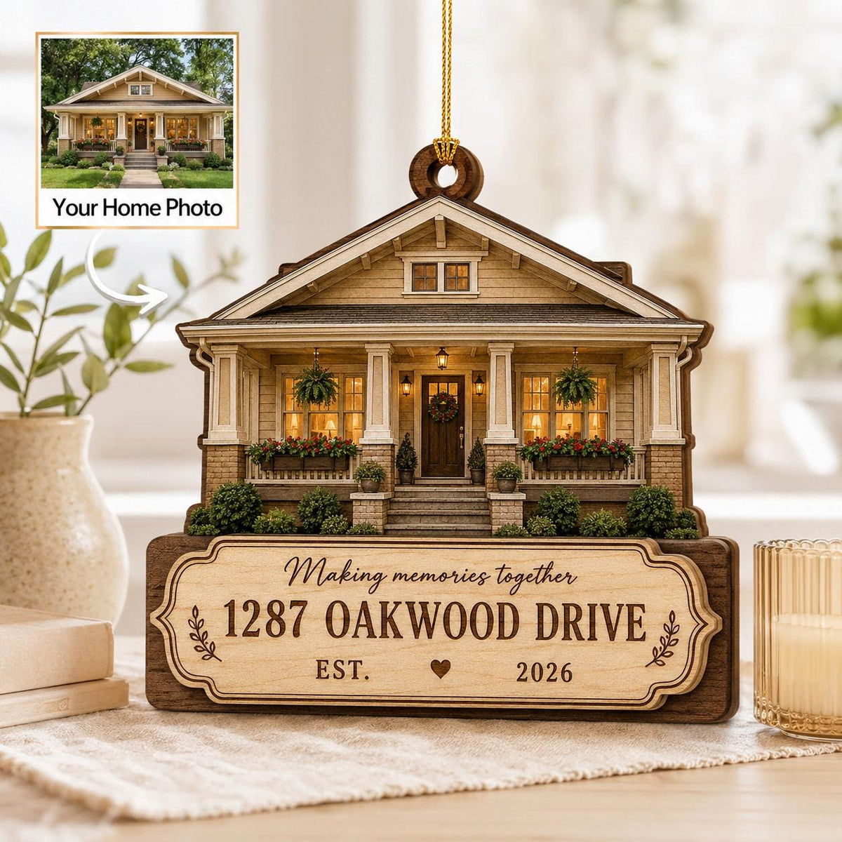 Personalized craftsman house photo ornament with Oakwood Drive address sign