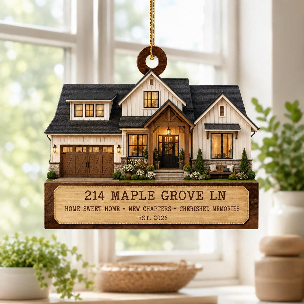 Personalized new home address wooden ornament hanging by a sunny window