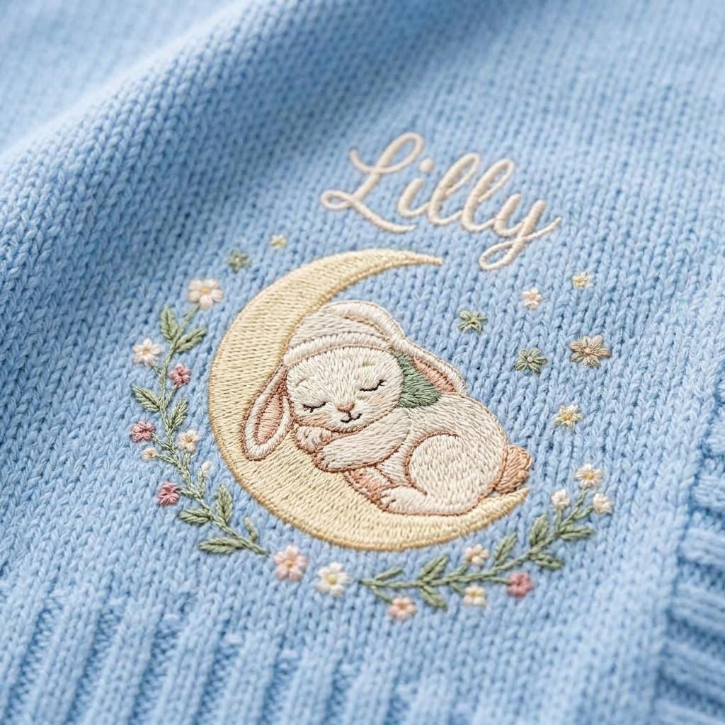 Close-up of a sleeping bunny on a crescent moon with stars, flowers and a script name embroidered on blue knit