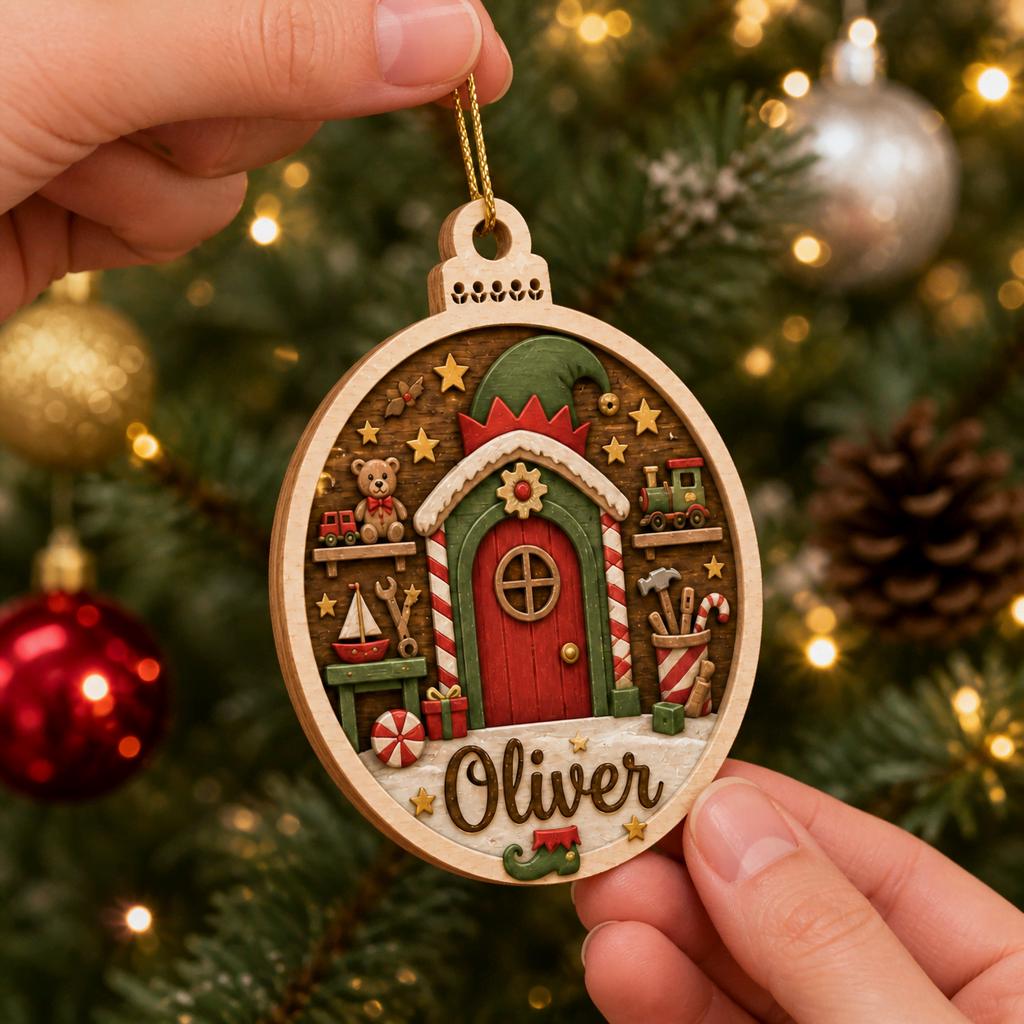 Elf door with toys personalized name ornament hanging in front of Christmas tree