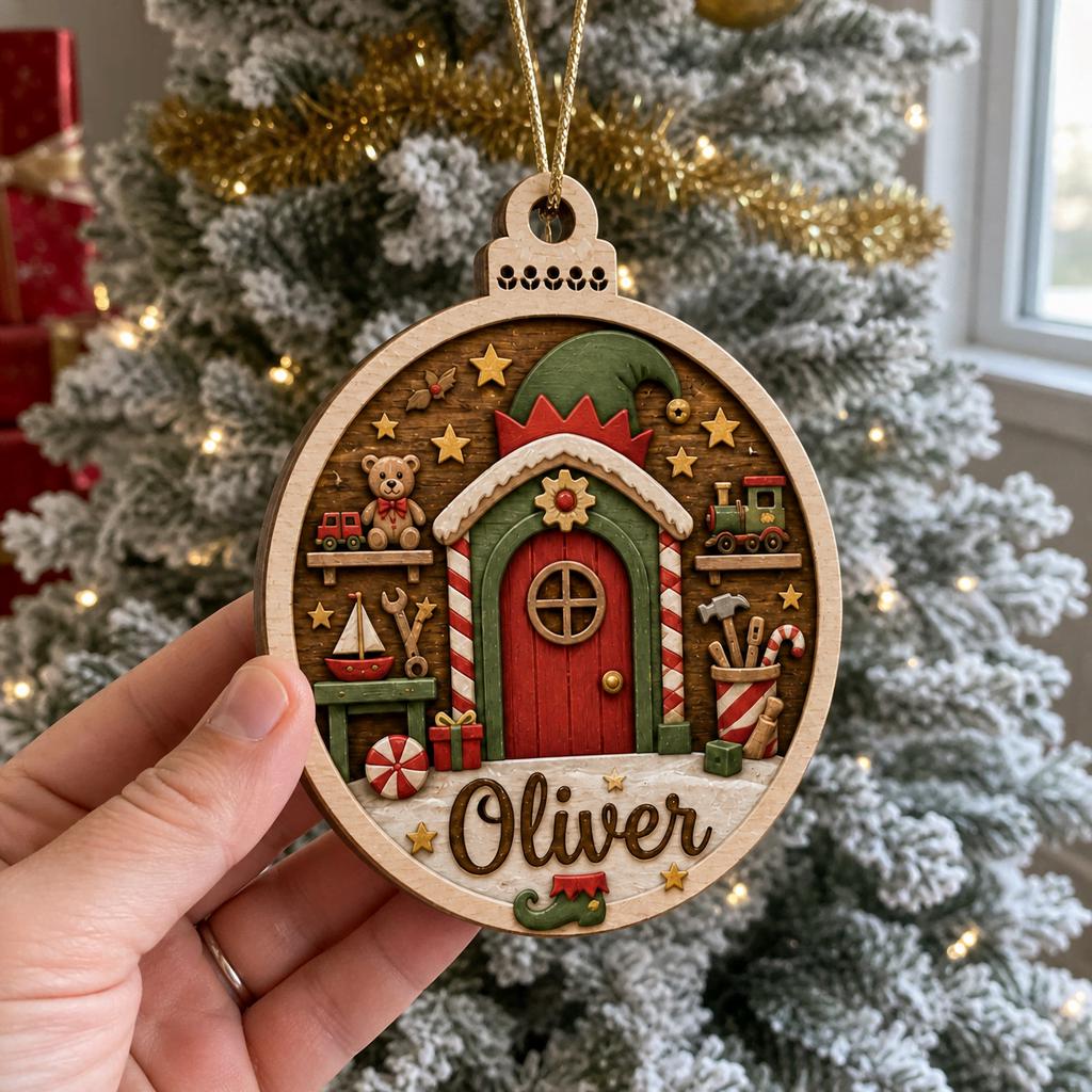 Hand holding personalized North Pole elf door wooden ornament with child name by tree