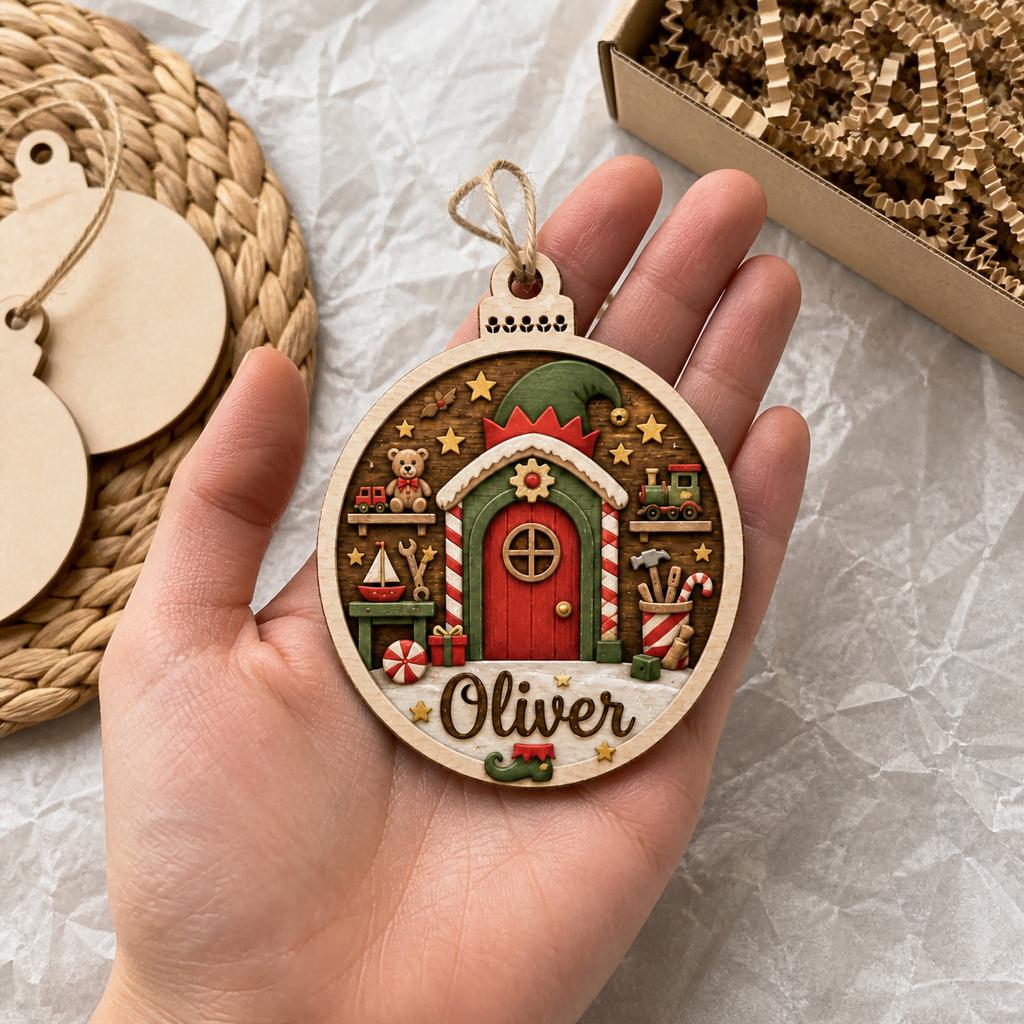 Personalized elf door wooden ornament with custom name held near a gift box